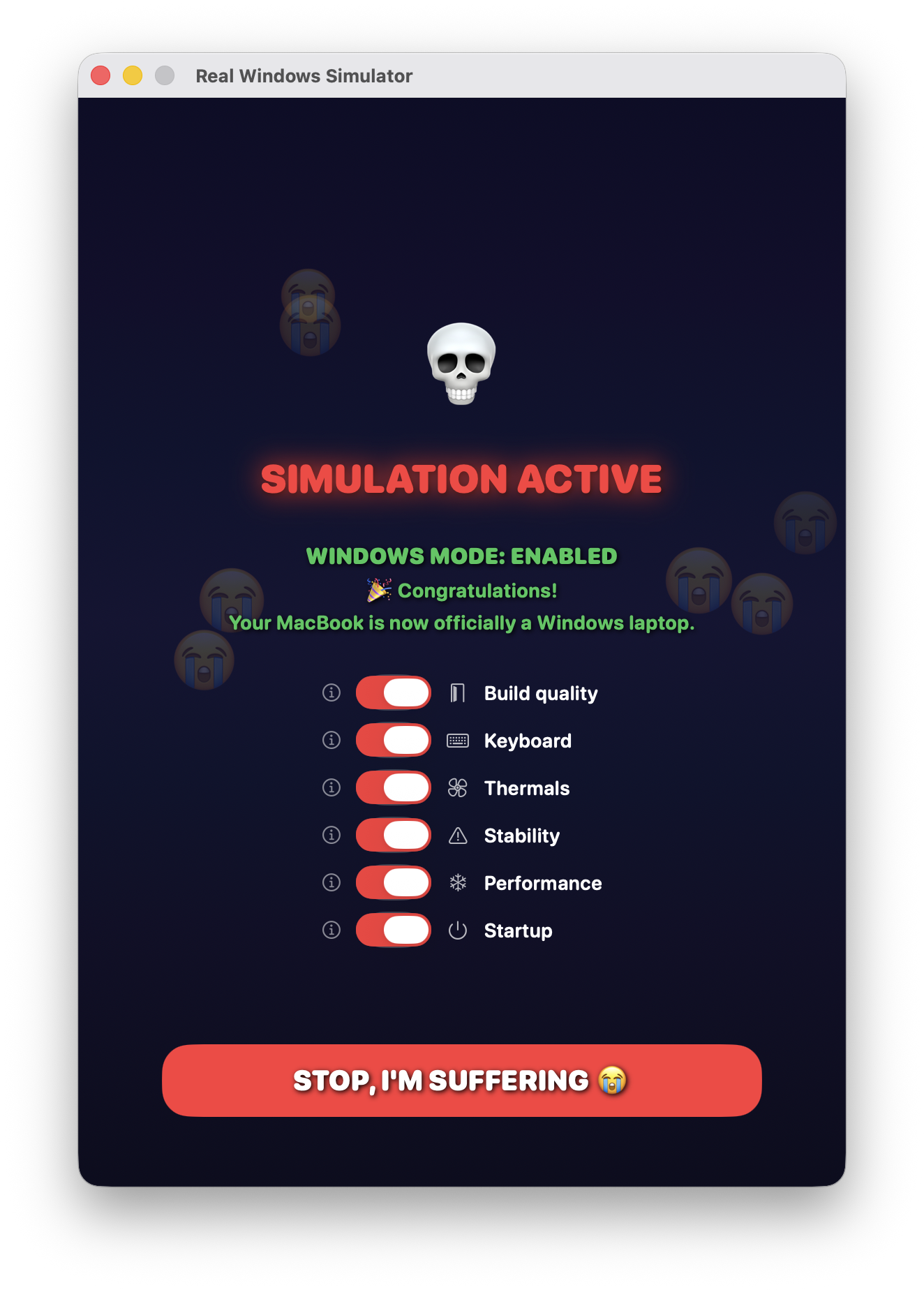 Real Windows Simulator — Simulation active